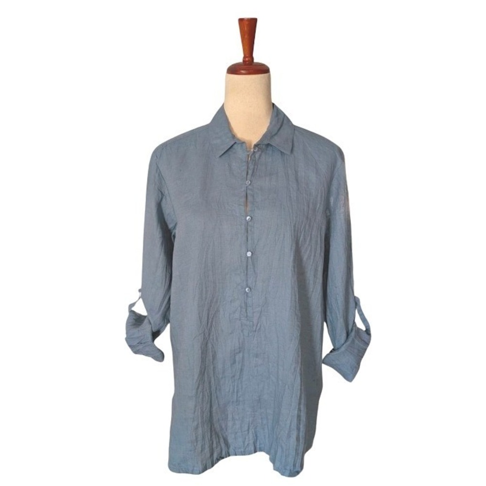 NWT Eileen Fisher Lupne Classic Collared 100% Irish Linen Roll Tab Shirt SZ SM